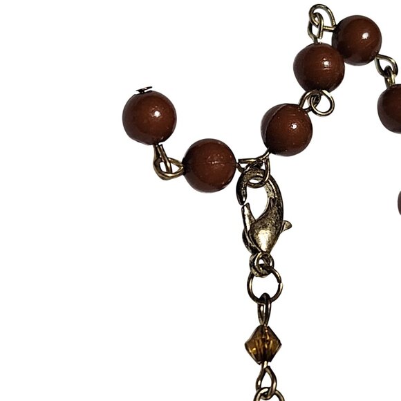 Vintage Elegant Beaded Necklace Gold Tone Pendant Brown Teardrop Charm Jewelry - Picture 5 of 7